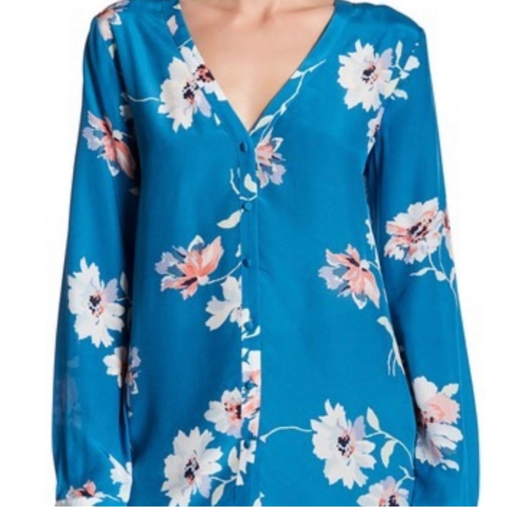 Joie 100% Silk Blue White Pink Floral Blouse Size M Button Down Long Sleeve